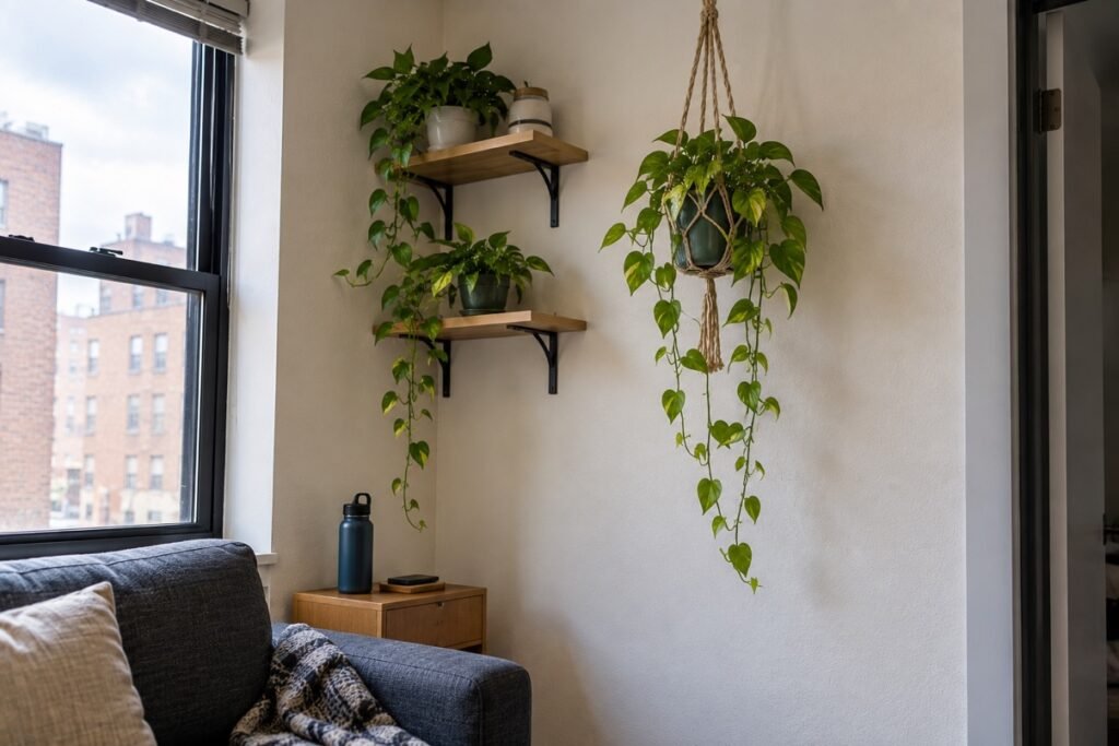 Plants arranged vertically on shelves and a hanging planter in a small apartment corner