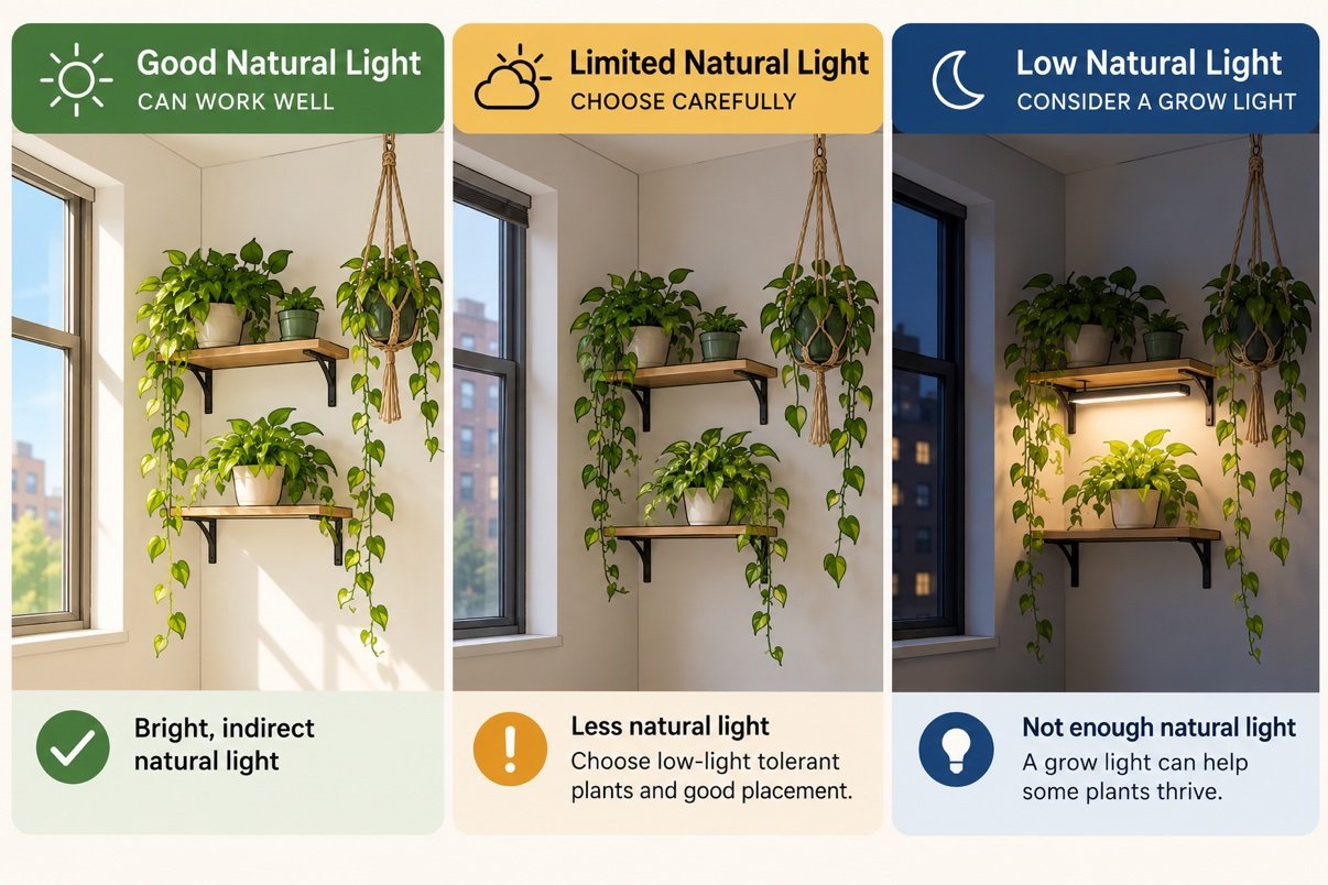 Diagram comparing good, limited and low natural light for plants in the same apartment space