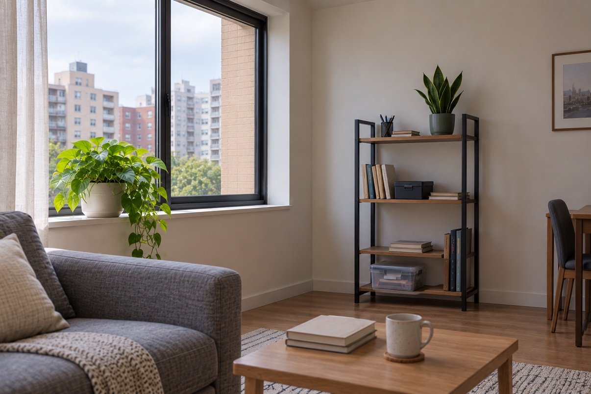 Two indoor plants positioned at different distances from a window in the same small apartment