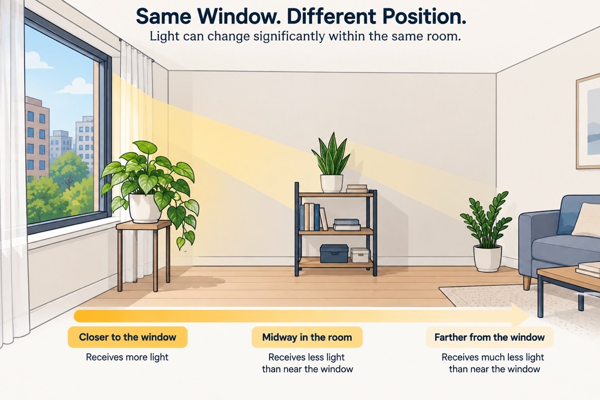 Diagram showing indoor plants at different distances from the same window