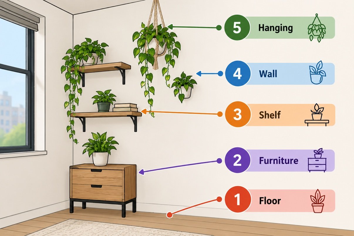 Diagram showing floor, furniture, shelf, wall and hanging space for plants in a small apartment