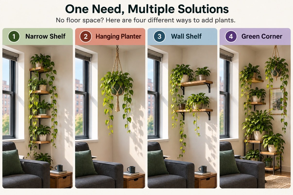 Four ways to use vertical space for plants: narrow shelf, hanging planter, wall shelf and green corner