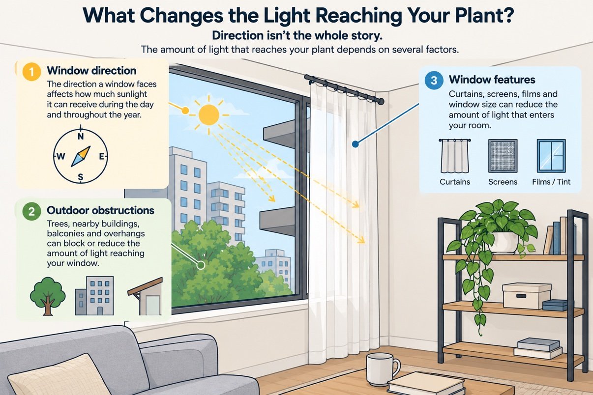 Diagram showing how window direction, outdoor obstructions and window features affect light for indoor plants