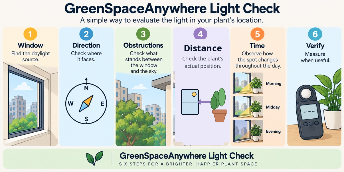 GreenSpaceAnywhere Light Check with six steps for evaluating light in an indoor plant location